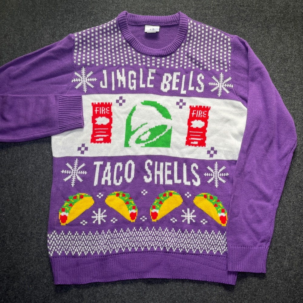 Taco Bell Sweater Men Large Purple Excellent Jingle Bells Taco Shells Holiday